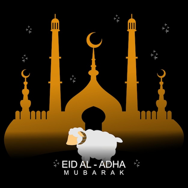 검은 배경에 모스크와 양이 있는 eid al adha muraq 포스터