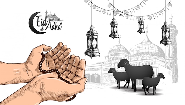 Vector eid al adha ramadan design with hand praying