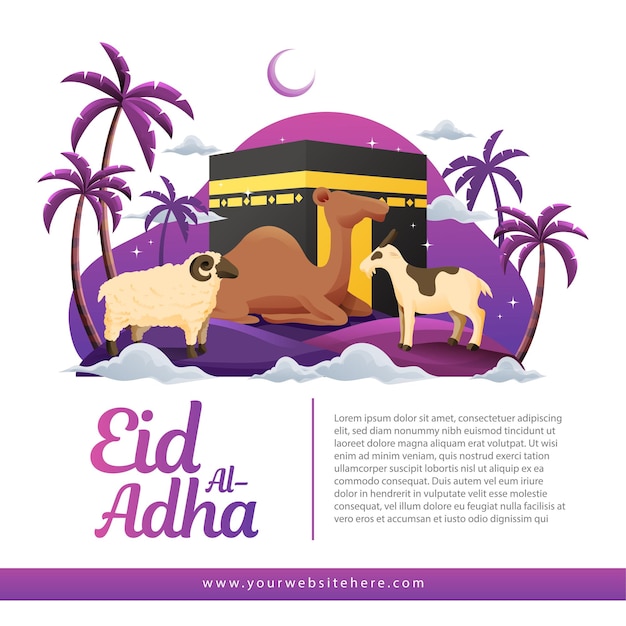 Eid Al Adha Social Media Banner Template With Sacrifice Animal Palm Tree Crescent Moon and Kaaba Background