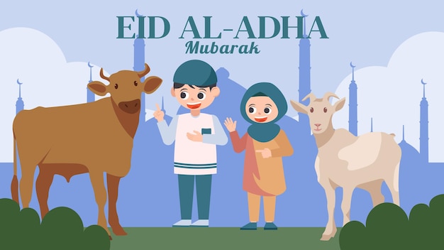 Eid al-Adha viering achtergrond met islamitische kleine kind personage illustratie