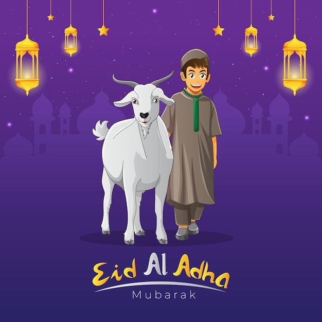 Eid al adha-wenskaart met een kind dat met zijn geit loopt