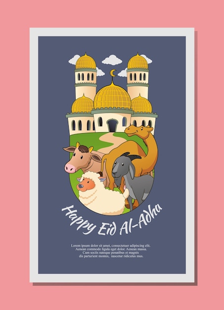 Eid al adha wenskaart ontwerp met kameel geit koe en schapen illustratie