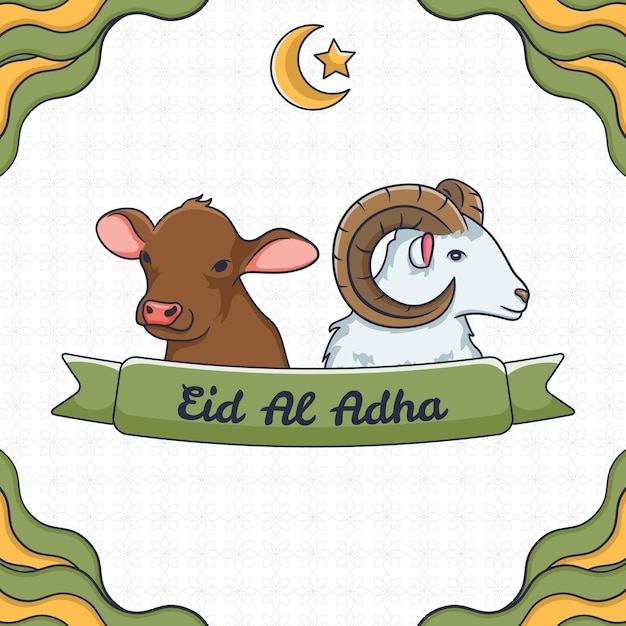 Eid al adha con illustrazione di capra mucca e ornamento islamico