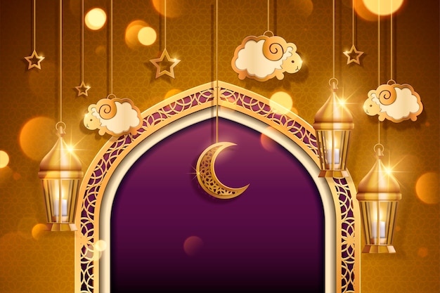 Eid al adha with hanging sheep and lanterns , golden and purple tone