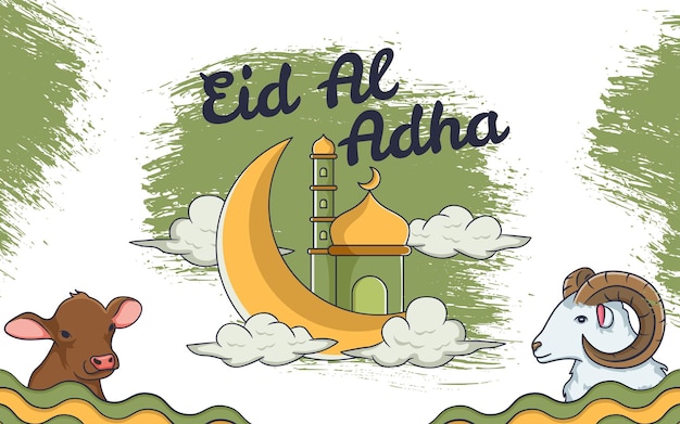Ид аль-адха с изображением лунной мечети, коровьего козла, облака и исламским орнаментом