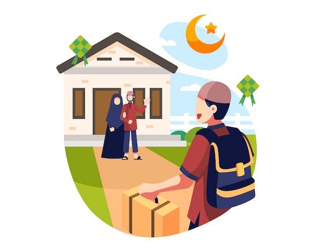 Eid al fitr background a young boy visits his parents during ramadan holidays background illustration