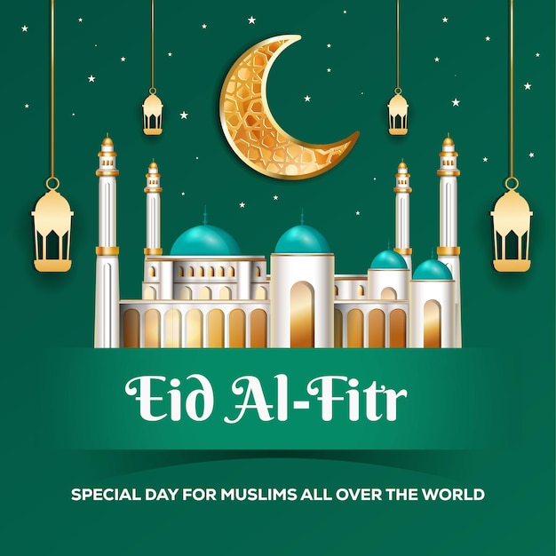 현실적인 모스크와 황금 달이 있는 Eid Al Fitr 디자인 일러스트레이션