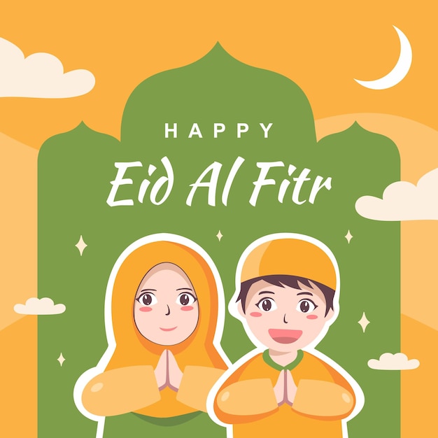 Eid al fitr greeting card with kids muslim kids illustration