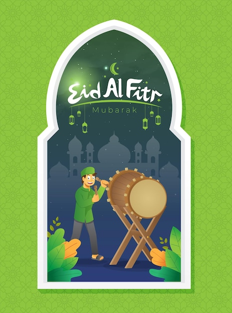 Eid al fitr greetings card with a boy hitting a ceremonial drum