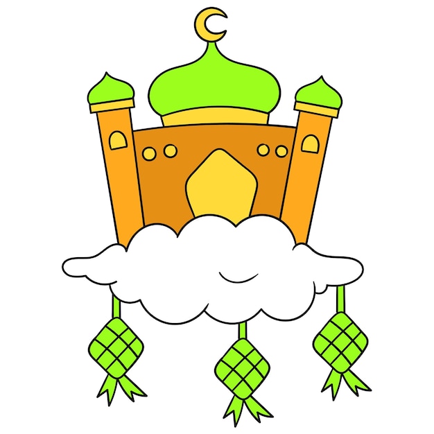 Eid al Fitr het icoon van de moskee voor islamitische gebedshuizen op de wolken. cartoon-emoticon. doodle pictogram tekening, vectorillustratie