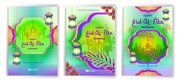 Eid al fitr mubarak 축하 인사말 카드 디자인 컬렉션 활기찬 보라색 녹색 배경