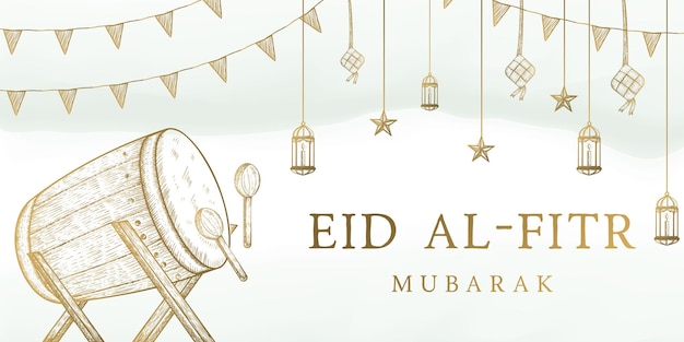 Illustrazione disegnata a mano di eid al fitr mubarak con bedug