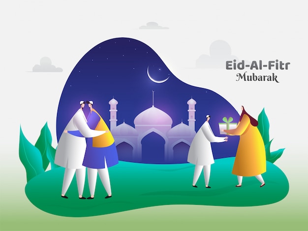 Eid-al-fitr mubarak illustratie van de partijviering met karakters