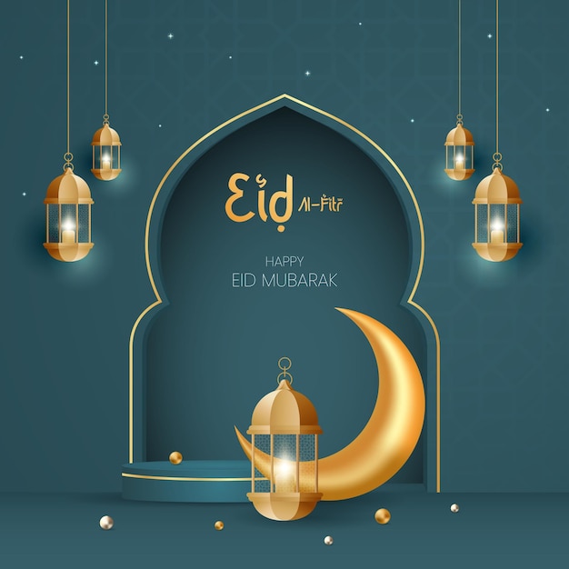 Eid al fitr mubarak vierkante banner met 3d-elementen illustratie