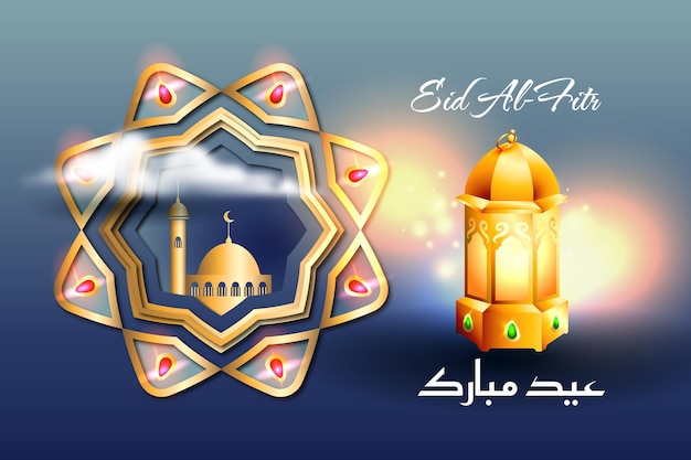 Vector eid al-fitr mubarak-wenskaartontwerp met moskee, islamitisch snijwerk en realistische lantaarn