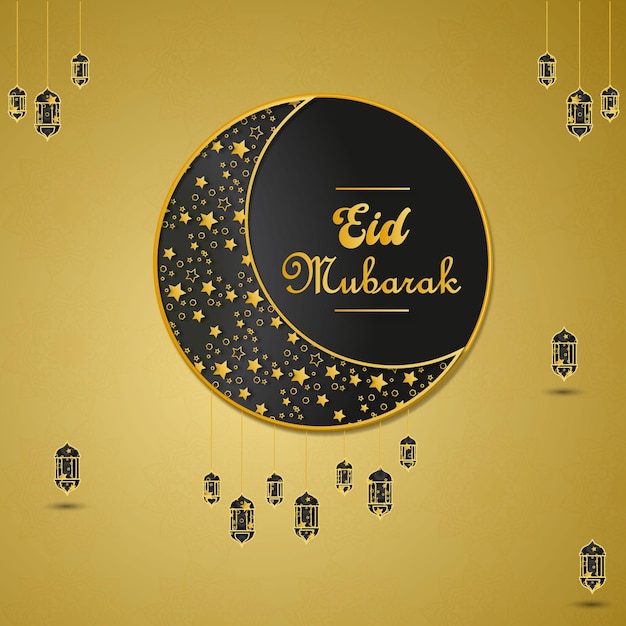 Vettore eid al fitr mubarak con design a lanterna dorata luccicante