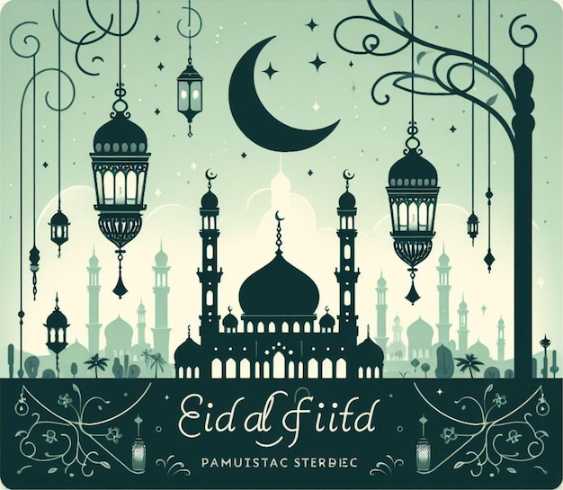 Vector eid al fitr postkaart ontwerpen in zachte groene lantaarn gloed