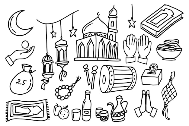 Eid al fitr symbool en pictogram ontwerp doodle stijl vector collectie