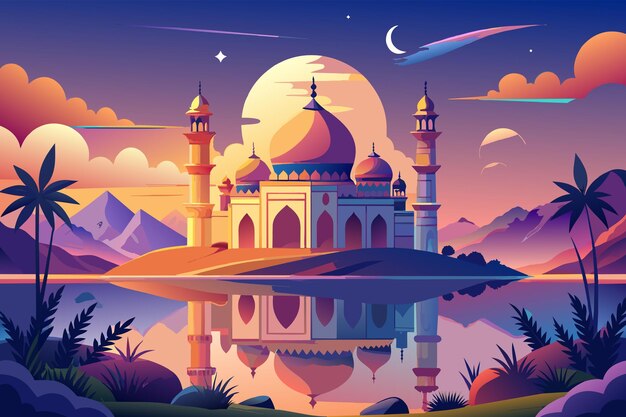 Eid alAdha background depicting a peaceful scene of a mosque reflecting in a still lake at sunrise