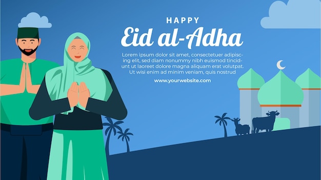 イスラム教徒のキャラクターイラストの背景でEid alAdha Celebration