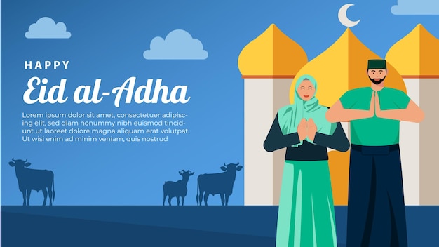 イスラム教徒のキャラクターイラストの背景でEid alAdha Celebration