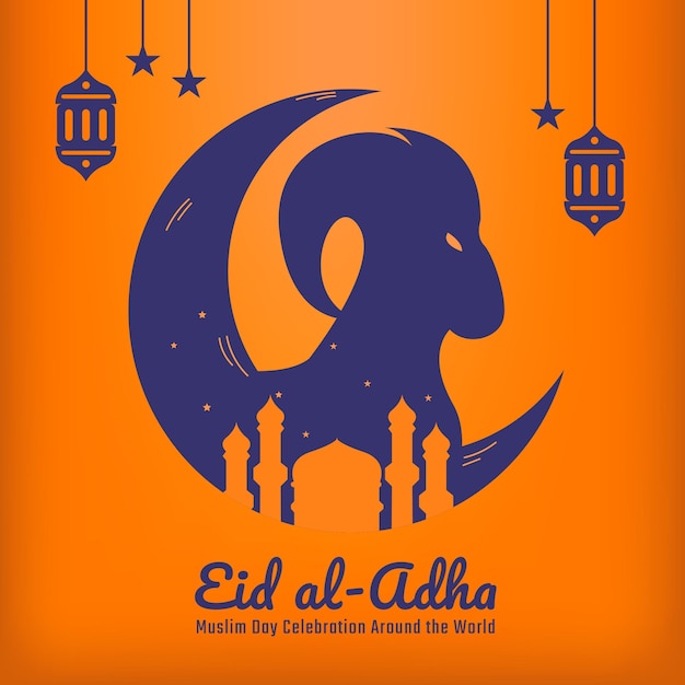 Eid aladha mubarak silhouette di una falce di luna e pecore