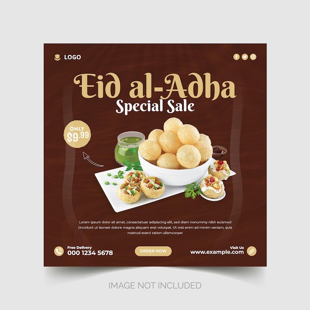 Мусульманский фестиваль Ид аль-Адха, меню еды, специальная распродажа, шаблон поста в социальных сетях