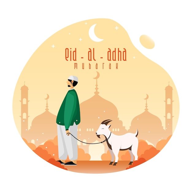 Eid AlAdha Template Design Holy Day for Muslims and Islam Vector Illustration Man and goat