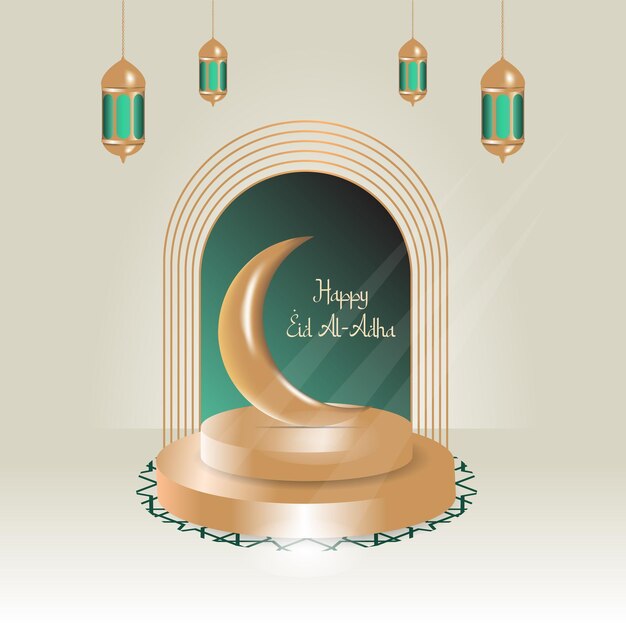 Eid alAdha-wenskaartsjabloon islamitisch lantaarnpodium en maanthema
