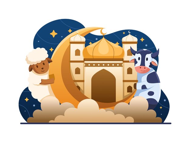eid aladha with a cow and sheep gathered around a crescent moon with a mosque at the center