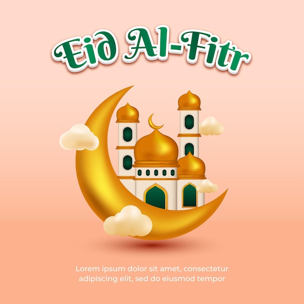 3D 초승달과 모스크가 있는 Eid alfitr 배경