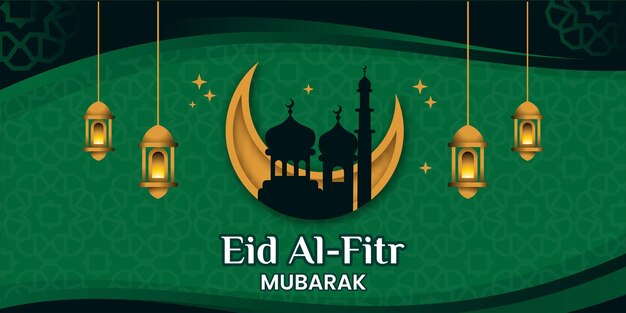 녹색 이슬람 배경과 창의적인 모스크 달 모티프가 있는 Eid alfitr 배너 벡터 디자인