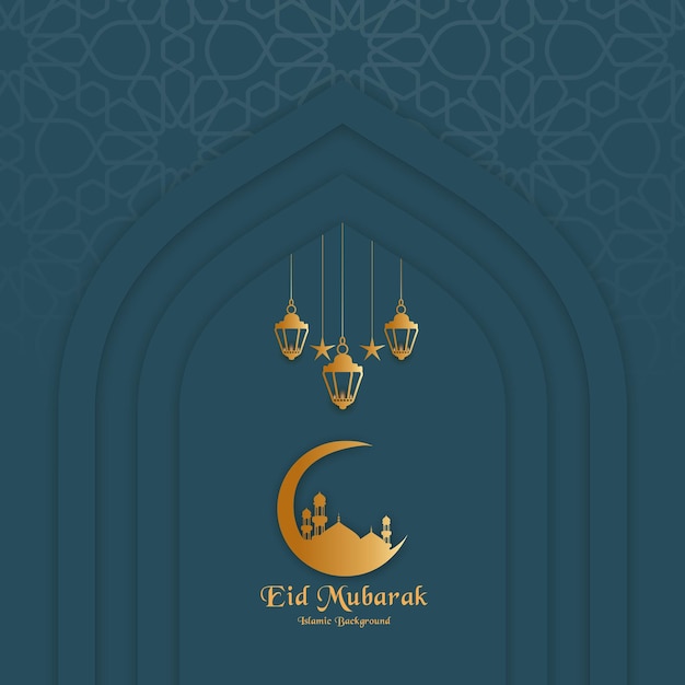 Eid alfitr festival wishes banner with moon and lamps decorative background