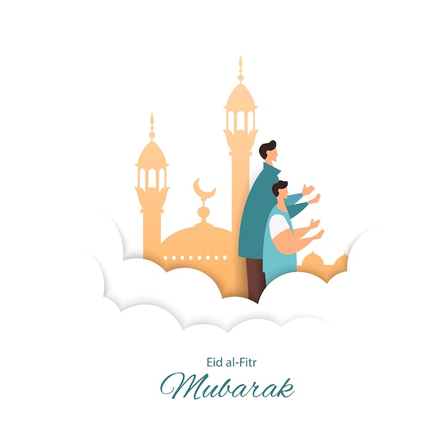 Eid AlFitr greeting card Muslim people celebrate breaking the feast of Eid AlFitr