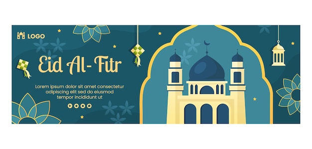 Eid AlFitr Mubarak Header Cover Template Illustration Editable of Square Background for Social Media