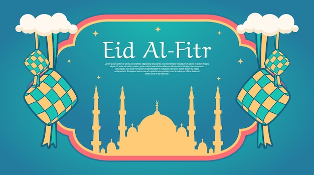 Vector eid alfitr mubarak met ketupat traditioneel voedselsjabloon bannerontwerp