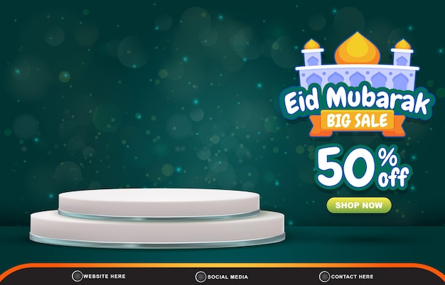 Eid big sale discount template banner with blank space 3d podium for product sale with abstract gradient green background design