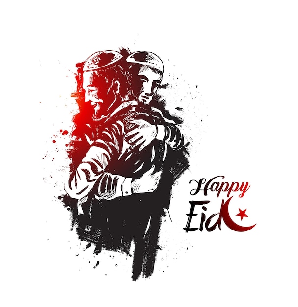 Vector eid celebration muslim man hugging and wishing to each other on occasion vector illustration