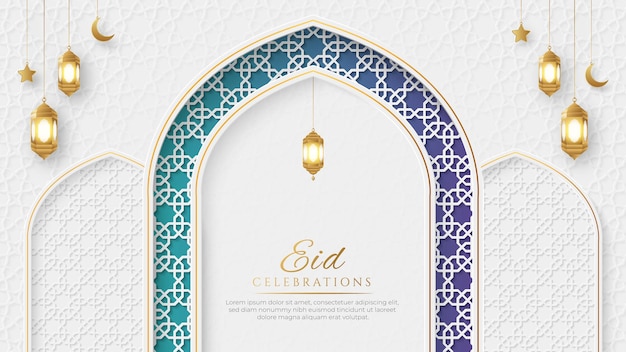 Celebrazioni eid elegante sfondo bianco e dorato di lusso colorato arco islamico