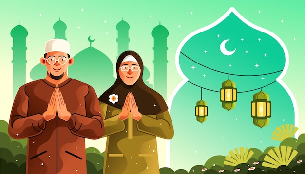 Vector eid greetings from muslim couple illustration