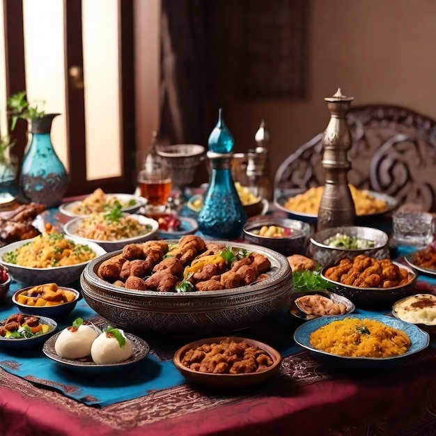 Vector eid holiday table ramadan family dinner breaking fast iftar arabic middle eastern traditional cuisin