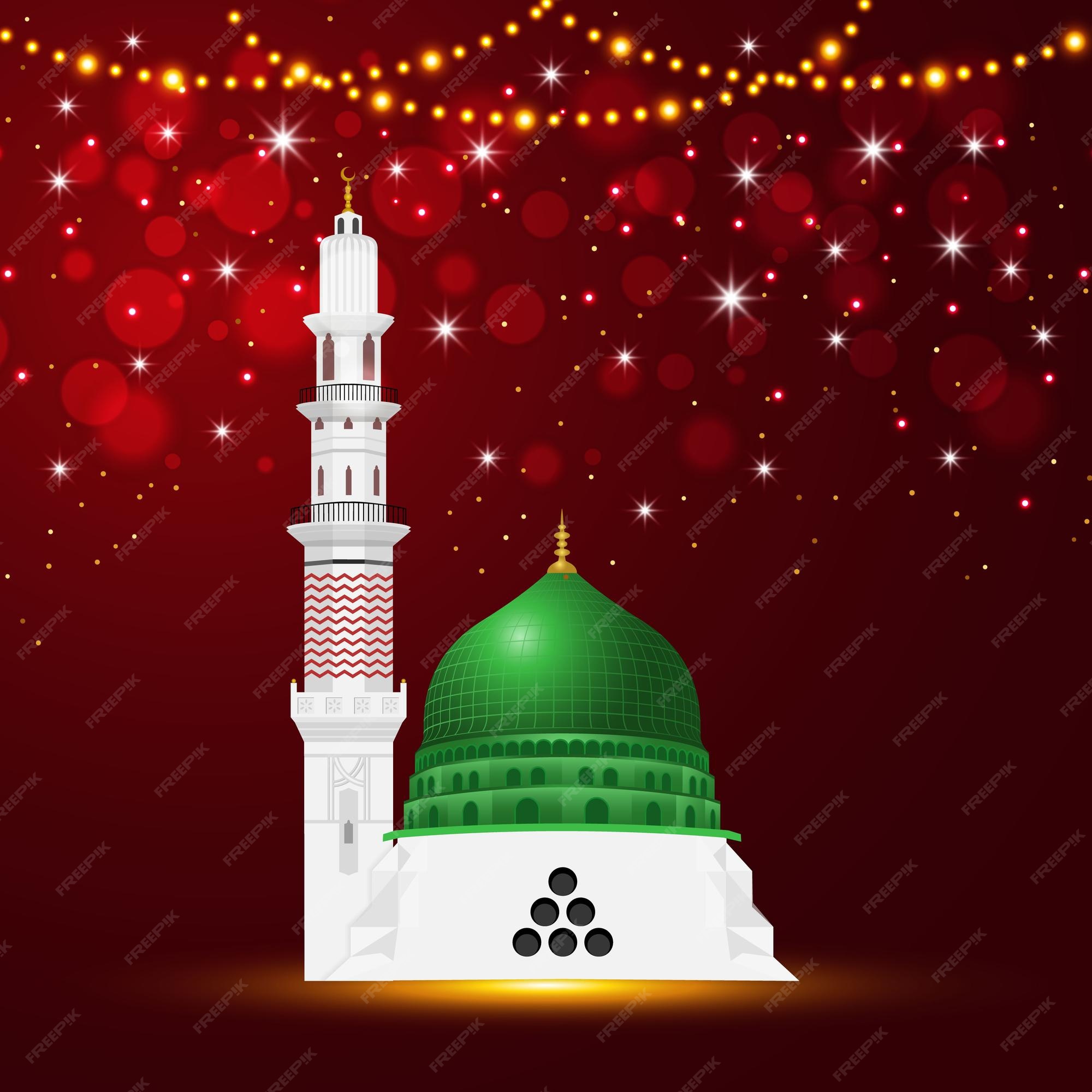 Premium Vector | Eid milad un nabi with madina nabawi mosque shiny star  illustration background