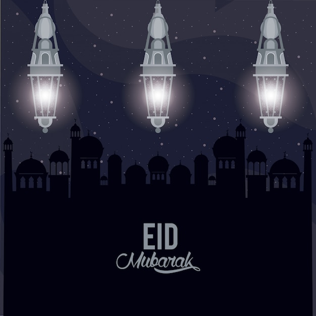 Eid mubarack design with mosque and islamic lamps