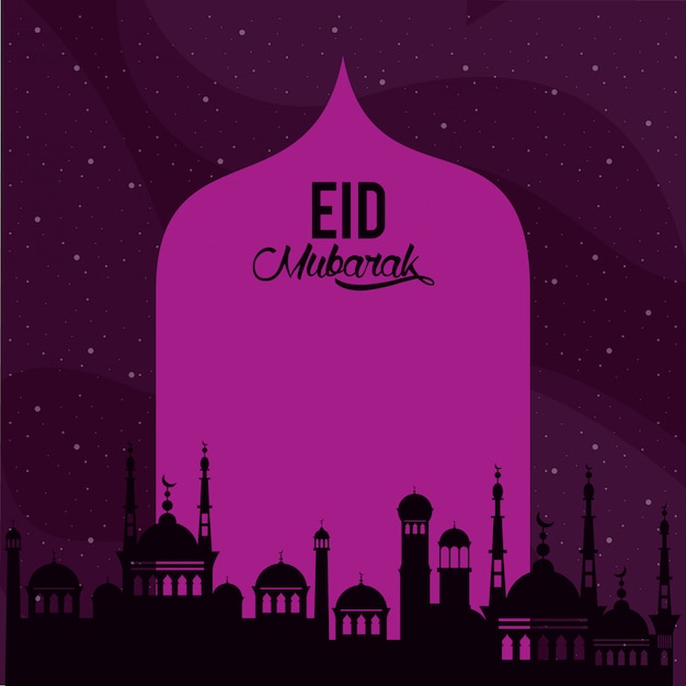 Eid mubarack ontwerp met moskeesilhouet