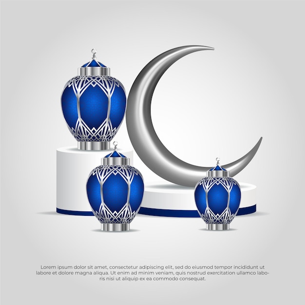 Eid mubarak 3d luna e sfondo delle lampade