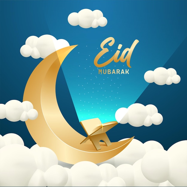 Eid mubarak 3d realistic vector illustration metalic golden moon with holy bible in the clouds