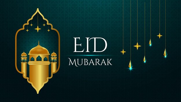 Eid Mubarak-achtergrond met 3D-moskee en islamitische elementen