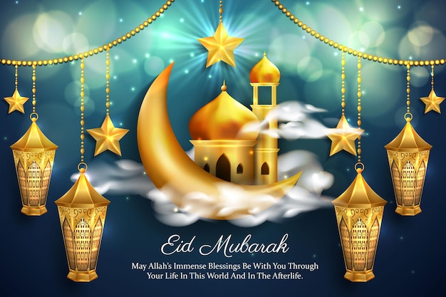 Eid mubarak-achtergrond met realistische gouden lantaarns, ster, moskee en sprankelende bokeh-achtergrond