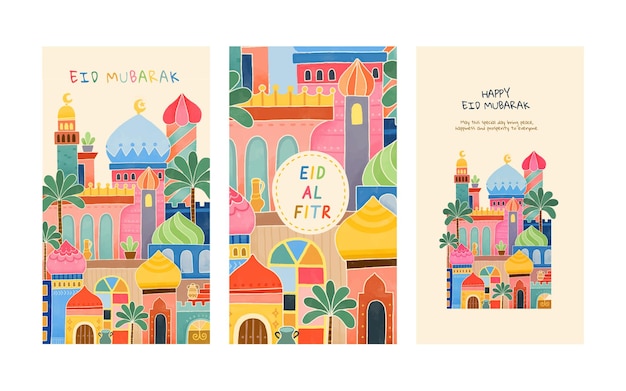 Eid Mubarak Al Fitr Islamitische Arabische moskee architectuur illustratie voor een poster banner ig stories