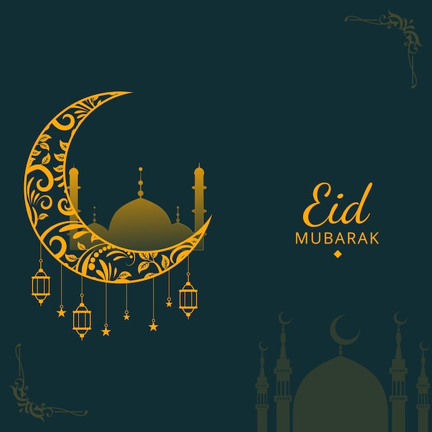 Eid mubarak design accattivante con lanterna moschea stella luna e sfondo islamico